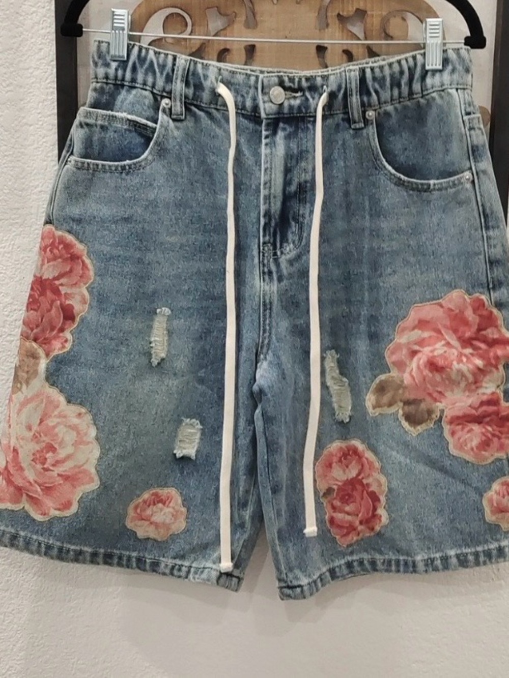 Embroidered Floral Denim Drawstring Shorts - Blue - Picture 3 of 8